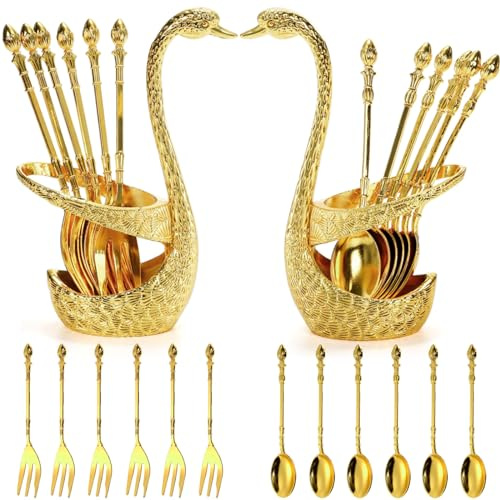 Pumtus Paquete de 14 soportes de base de cisne con tenedores de cuchara de café, juego de cubiertos de postre creativos dorados, cucharaditas decorativas para fiesta, para revolver, mezclar, azúcar