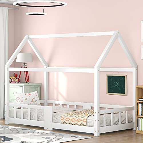 90 x 200 cm Kinderbett Hausbett im Montessori Stil mit Schornstein Rausfallschutz Robuste Lattenroste Kiefernholz Haus Bett for Kids, Hausbett Spielbett für Mädchen und Jungen, ohne Matratze (Weiß)