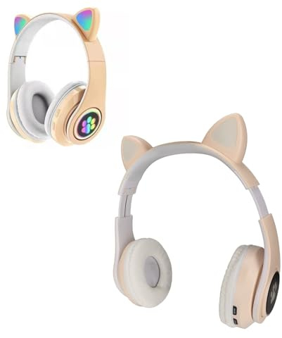 Cyrank Casque De Jeu sans Fil, Oreille De Chat sur L'oreille, Casque Bluetooth, Casque De Musique Pliable avec Lumière LED pour Téléphone, Ordinateur Portable(Kaki)