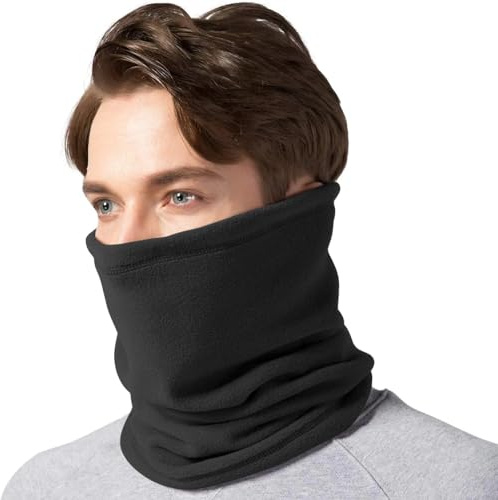 Black Fleece Snood Neck Warmer with Drawstring Toggle – Adjustable Thermal Winter Neck Gaiter Face Cover for Men & Women, Cold Weather Windproof for Walking Cycling Outdoor Work