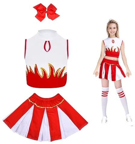 DOWNDRIFT Cheerleader Kostüm Mädchen Cheerleader Kostüm Kinder Kostüm Cheerleader Mädchen Kostume Kinder Mädchen Cheerleading Kostüm Kinder mit Haarzubehör Faschingskostüme Kinder 150Rot