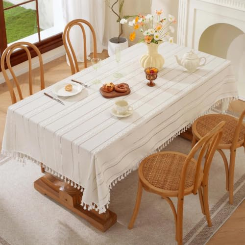 Pahajim Tischdecke Rechteckige Tischdecken Baumwolle Leinen Quaste Tischtuch abwaschbar für Speisetisch Picknick-Party Tischdekoration(Streifen - weiß, 140 x 180 cm)