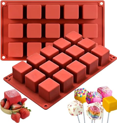 2PCS Square Silicone Caramel Candy Mould, 15-Cavities Wax Melts Molds, Lollipop Mold, Ice Cube Tray, Dessert Molds, Chocolate Truffles Mold for Chocolate, Candy, Cake, Candle, Jelly, Brownie