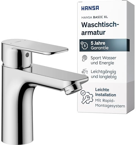 HANSA BASIC XL Waschtischarmatur I Einhebelmischer Waschbecken mit Temperatur & Mengenbegrenzer | XL für mittelgroße bis große Bäder | Mischbatterie Bad aus Messing | Wasserhahn Badezimmer | Chrom