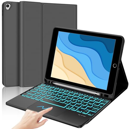 Funda para iPad de 9ª generación con teclado de 10.2 pulgadas, teclado inalámbrico desmontable con panel táctil inteligente, retroiluminación de 7 colores, funda delgada con soporte para lápices para
