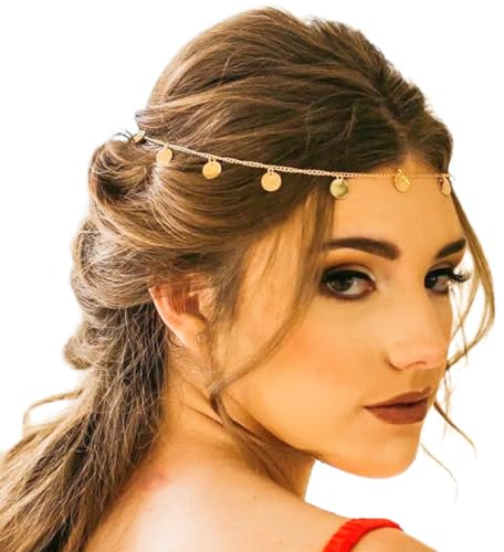 Ypkia Kopfkette Gold Pailletten Quaste Haarkette Boho Braut Kopfschmuck Stirnband Festival Zubehör für Frauen Und Mädchen (gold-1)