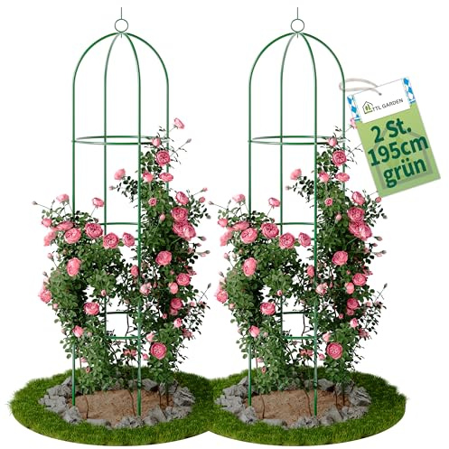 TTL GARDEN 195x40cm Obelisk Rankhilfe XL grün 2er Set - Rosen Rankgitter | - Metall rostfrei für Kletterpflanzen Rosen Clematis - pulverbeschichteter Stahl 195 cm hoch 40cm Ø Rankturm Tomaten Gurken