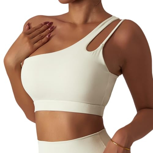 AIEOE Damen Sport BH Fitness Workout BH One Shoulder Bra Yoga Bra Bustier Ohne Bügel Push up Bralettes Gepolstert Tank BH Tops Sexy Sportbekleidung M Leinen