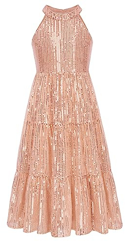 GRACE KARIN Mädchen Ärmellose Neckholder Kleid Hochzeit Partykleid Pailletten Kleid in A-Linie Roségold 6 Jahre