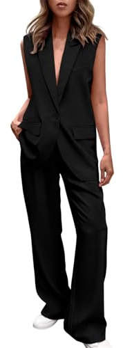Keepink Ensemble gilet et pantalon 2 pièces pour femme avec col en V, sans manches, boutonné, pantalon large et blazer, ensemble d'été assorti en coton et lin, 067 Noir, L