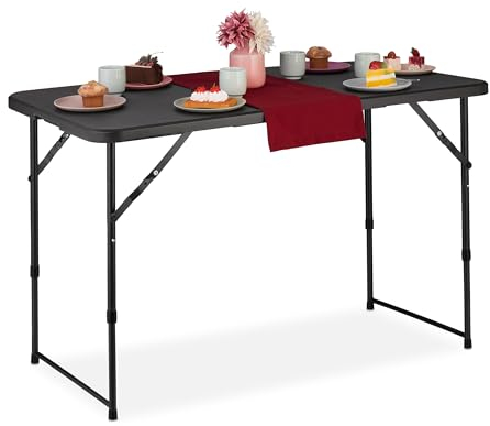 Relaxdays Tavolo da Campeggio Pieghevole, HLP: 53,5 x 120 x 60 cm, Tavolino in Plastica, Posto per 6 Persone, Nero, Acciaio