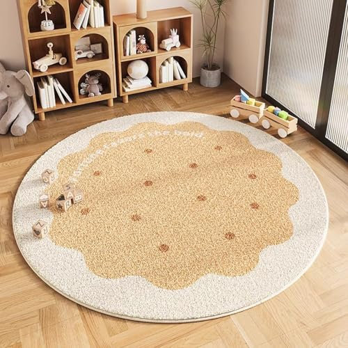 Rutschfester, runder, flauschiger Teppich, Schlafzimmer, Wohnzimmer, Bodenteppich, glatt, zottelig, waschbar, weicher Bodenteppich, kreisförmige Bodenmatte für Heimbüro (200 cm, Beige)