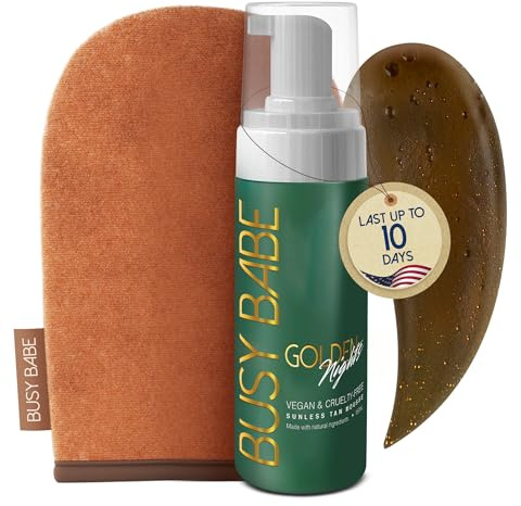 Busy Babe Self Tanner - Golden Nights Express Rapid Dark Tanning Mousse - Deeper Sun-Kissed Glow with Mitt - Vegan, Cruelty-Free, Instant Tan, Self Tanning Mousse Pump - 7.2 oz, No Orange Hues