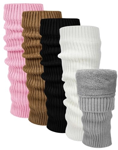 Chuarry 5 Pairs Women Fleece Lined Leg Warmers Warm Long Boot Socks Knit Thick Calf Warmers for Winter Ice Skating Daily Wear(Black, White, Light Grey, Pink, Khaki,Vertical)