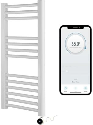 Greened House White Electric Smart WiFi Controlled Heated Towel Rail 400mm W x 800mm H 7 Day Programmable Timer App Compatibility (White Rail + White WiFi Element)