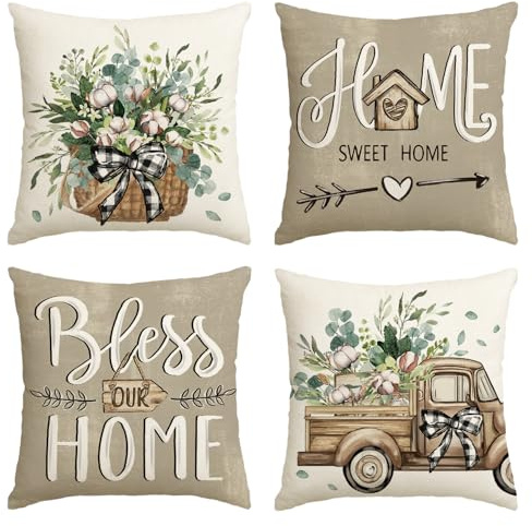 Artoid Mode Eukalyptus Blätter Blumenkorb LKW Frühling Kissenbezüge 4er Set, 40x40 cm Lastkraftwagen Zierkissenbezug Cushion Cover Wohnzimmer Deko