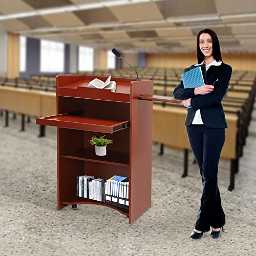 Seoqudcty Portable Rolling Podium Mobile Standing Laptop Desk Presentation Lecterns Wooden,Cherry Red, for Schools, Offices, Classrooms, Homes, Conference Rooms, 23.6 * 45.7 * 15.7in