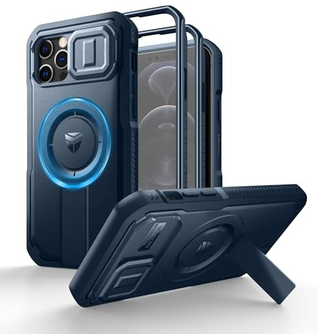Dexnor for iPhone 12 & 12 Pro Magnetic Case With Slide Camera Cover & Adjustable Kickstand & Built-in Screen Protector, Rugged Shockproof Bumper Cases Heavy-duty Cover - Navy Blue
