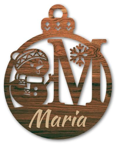 Urhome Weihnachtskugel personalisiert mit Wunschtext Gravur Buchstabe M mit Schneeman Motiv Dunkel Braun - Ornament Christbaumschmuck Weihnachtsdeko Weihnachtsbaum Anhänger aus 6,5mm Holz