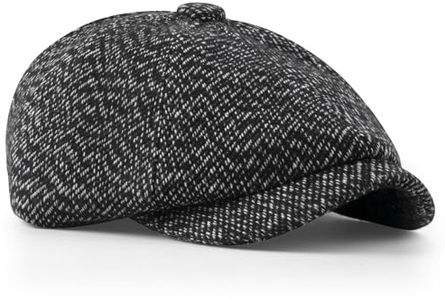 Dalababa Mens Tweed Flat Cap, Vintage Baker Boy Peaky Blinder Style Herringbone 8-Panel Hat, Adjustable Casual Irish Ivy Gatsby Beret Newsboy - Black