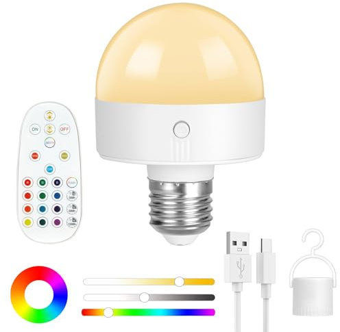 HOTUT E26/E27 Ampoule Telecommande Sans Fil, 12 Couleurs Ampoule Rechargeable Type-C, E26/E27 Ampoule avec Télécommande et Fonction Tactile, Ampoule à Intensité Variable pour Chambre, Cuisine, Plafond