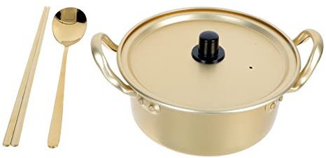 MUCKLILY Olla De Ramen Coreana 16 Cm De Diámetro Aluminio Resistente Compatible Estufas Para Hogar y Exterior Juego Accesorios Dorados