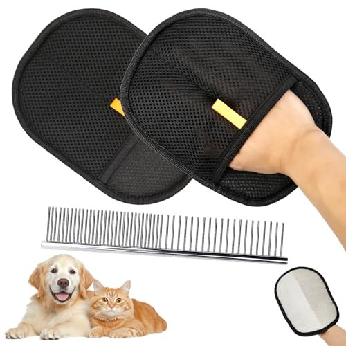 SCROLIEY 2 Pcs Pet Hair Removal Gloves Static Removal Pet Hair Remover Gloves Reusable Double Sided Electrostatic Pet Hair Grooming Gloves for Washing Deshedding (with Pet Comb)