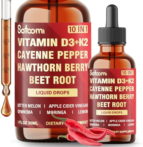 Satoomi 10in1 Cayenne Pepper Liquid Drops with Vitamin D3, Vitamin K2, Hawthorn Berry, Beet Root, Lemon, Apple Cider Vinegar, Gymnema, Moringa, Bitter Melon - Digestion Support - 30ml - 60 Day Supply