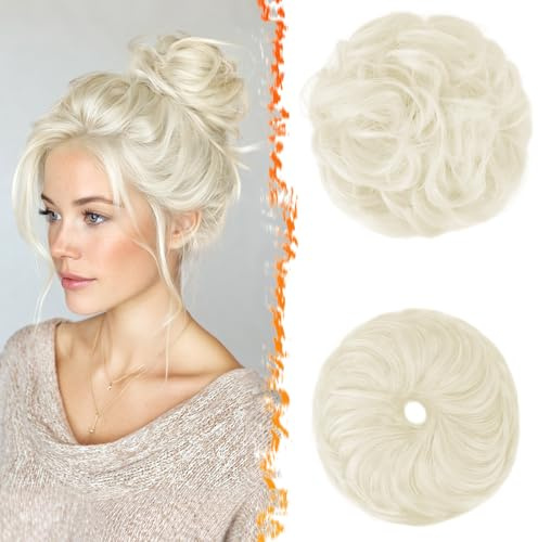 BARSDAR 2 PCS Messy Bun Hair Pieces, Elastic Platinum Blonde Messy Hair Bun Scrunchies Extensions for Women Synthetic Thick Fluffy Donut Updo Platinum Blonde Hairpieces Daily