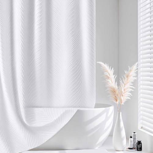 FY&XZH Duschvorhang Boho & Duschrollo für Badewanne und Dusche mit 12 Edelstahlhaken, weicher Stoff mit getuftetem Blatt- und Streifenmuster, wasserabweisend, gewichteter Saum, 183×183 cm, Weiß