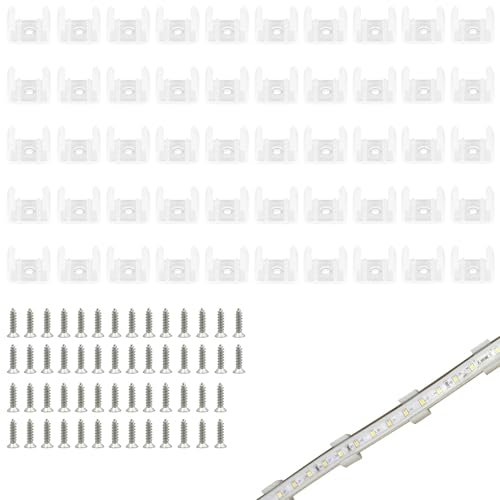 50PCS LED Néon Montage Clips,Fixation Ruban LED Néon Montage Clips Support de Montage pour Néon Inclure Vis pour 12mm à 14mm Silicone LED Bande Lumineuse,Translucide,Blanc.