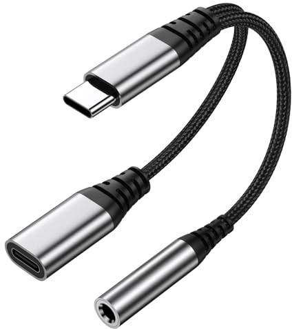USB C auf 3,5mm Klinke Adapter und Laden, 2 in 1 Typ C auf 3.5mm Kopfhörer Adapter mit PD 60W Schnellladung,USB C zu Schnellladung Aux Audio für iPhone 15 16 Samsung S25 S24 Type C Devices(Silber)