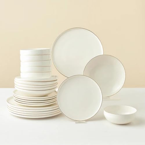 Karaca Stream Bone China Meridian 24-Piece Dinner Set for 6 People, Contemporary White Tableware with Elegant Gold Accents, Includes Round Dinner Plates, Side Plates, Pasta and Soup Bowls