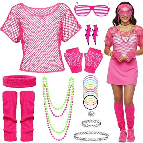 Xietaea 80er 90er Jahre Outfit Damen - Neon Kleidung Accessories mit Netzshirt Stirnband Armband Ohrring Brille, Netzhandschuhe Beinwärmer Brille für Karneval Halloween Fasching Retro Party