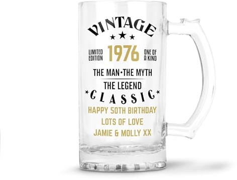 50th Birthday Gift for Him - Personalised 50th Birthday Glass Beer Mug Stein Tankard, 0.8 Pint, Vintage The Man The Myth The Legend, Dishwasher Safe (Print with Handle on Right, No Gift Box)