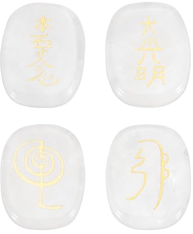 QUARKZMAN 4 Piezas Piedras de Chakra Grabadas con Símbolos Reiki Piedras | Cristales de Curación Reiki, 7 Piedras de Cristal de Chakra, Pulidas, Cuarzo Transparente, Gemas, para superficie palmar