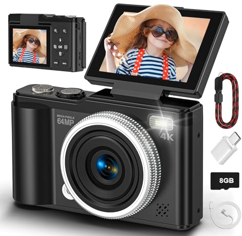 Digital camera, 4K 64MP Compact Digital Camera with Autofocus and Macro Function, 180° flip-up screen portable selfie cameras for photography and video with Micro SD Card for Beginners Teens