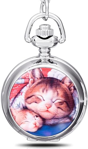 Unendlich U Luxus Schmelz faul Katzen/Kitty/Kitten mit groß Quarz Taschenuhr Halskette und Lange Kette für Damen/Herren/Mädchen/Junge/Kinder