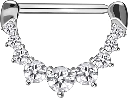 PIERCINGLINE Chirurgenstahl Nippelpiercing Clicker 9 KRISTALLE Piercing Brust Nippel Brustwarze Silberfarben 16 mm