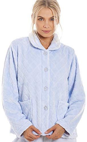 Camille Veste de Lit Femme Ultra Douce à Boutons, Motif Diamant, Taille 22-24, Bleu Élégant pour Moments Cocooning