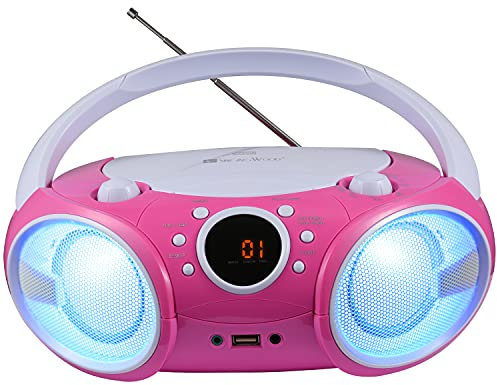 SINGING WOOD CD Player Boombox CD/CD-R/CD-RW, Portable w/Bluetooth, USB, AM/FM Radio, AUX-Input, Headset Jack, Foldable Carrying Handle and LED Light (Kitty Pink)