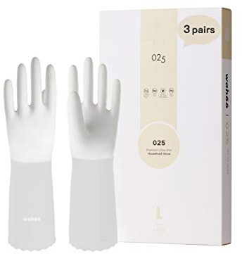 LANON 3 Paires wahoo Respectueux de la Peau Gants de Nettoyage, Gants de Vaisselle Réutilisables Non-doublés, Antidérapants, Blanc, L