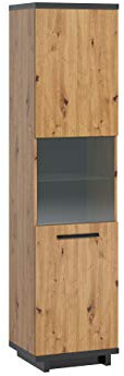 Mirjan24 Vitrine INES WIT50 in Holz-Optik Vitrinenschrank, Glasvitrine, Hochschrank, Highboard, Wohnzimmerschrank (Eiche Artisan + Schwarz/Eiche Artisan, mit weißer LED Beleuchtung)
