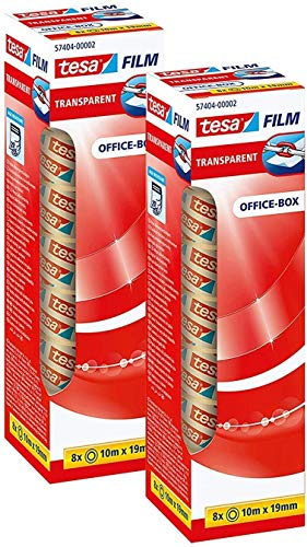 tesafilm transparent - Transparentes Klebeband mit starker Haftung - alterungsbeständig und reißfest, Office-Box (10m x 19mm, 2x 8 Rollen)