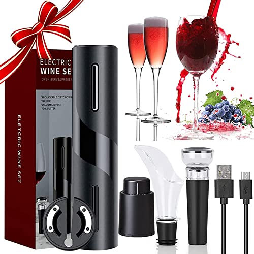 WenZBros Apribottiglie Elettrico Professionali, Set di Cavatappi Elettrico 5 In 1 con Tagliapasta Stagnola, Tappo del Vino di Vuoto, Versatore, Linea di Ricarica USB