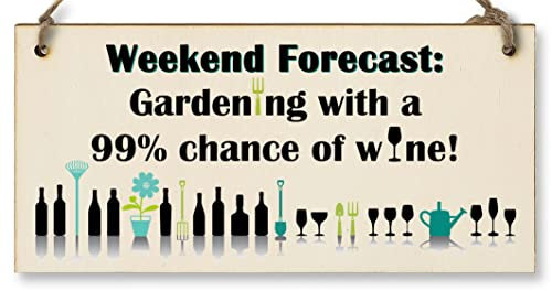 The Plum Penguin Handmade Wooden Hanging Wall Plaque Weekend Forecast Gardening and Wine Novelty Gift Sign for Gardeners