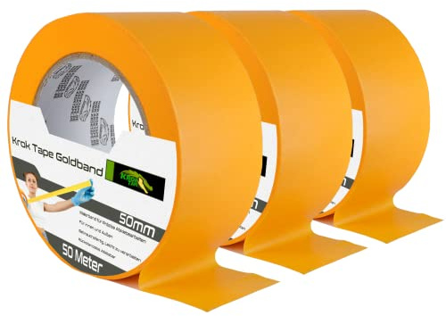 Magnet-Kauf KrokTape Malerkrepp 50m Malerband Gold Kreppband 50mm - Goldband Maler Klebeband Für Scharfe Kanten - Abdeckband für Malerarbeiten und Auto Lackierung [3 Rollen]