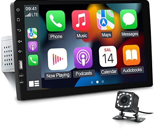 1 Din Autoradio mit Carplay/Android Auto - Single Din 9 Zoll Touch Display Media MP5 Player mit Bluetooth USB FM SWC EQ Receiver Mikrofon + Cámara de visión trasera