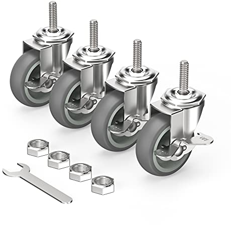 HOLKIE Ruote piroettanti 75 mm con freni Ruote stelo, M10 x 1,5 x 30 mm (diametro stelo 10 mm, lunghezza stelo 30 mm) Ruote girevoli con stelo filettato con bloccaggio Set di 4 Heavy Duty Grigio