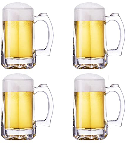 TUSAPAM Heavy Beer Mugs Set, 12.5oz Glass Mugs With Handle, Beer Glasses For Freezer, 370ml Beer Drinking Glasses, Traditional Stein For Bar, Alcohol, Beverages,Coffee, Teas, Set of 4
